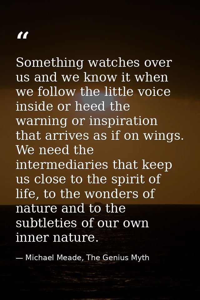 Something watches over us and we know it when we follow the little voice inside or heed the warning or inspiration that  — Michael Meade, The Genius Myth