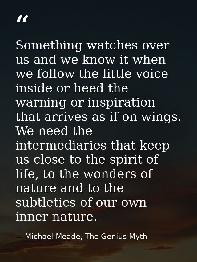 Something watches over us and we know it when we follow the little voice inside or heed the warning or inspiration that  — Michael Meade, The Genius Myth