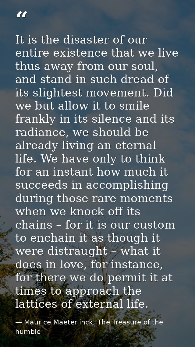 It is the disaster of our entire existence that we live thus away from our soul, and stand in such dread of its slightes — Maurice Maeterlinck, The Treasure of the humble