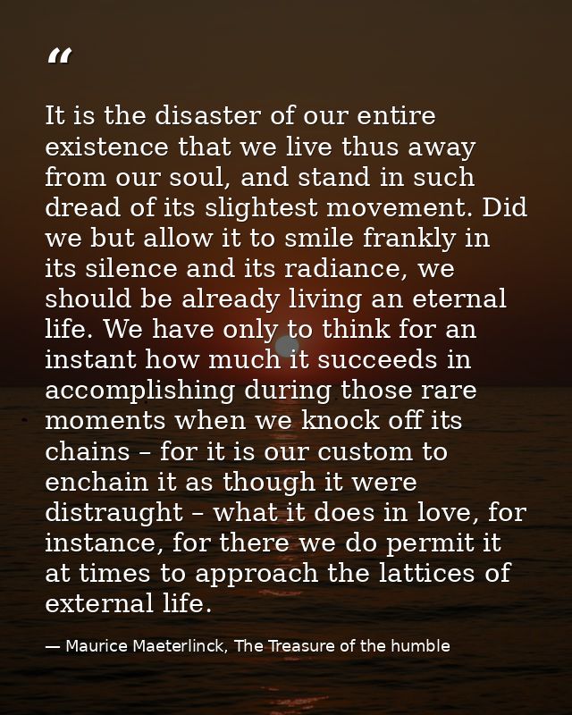 It is the disaster of our entire existence that we live thus away from our soul, and stand in such dread of its slightes — Maurice Maeterlinck, The Treasure of the humble