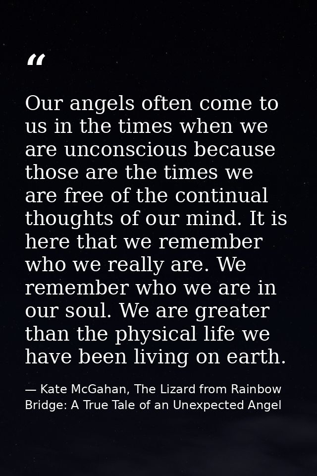Our angels often come to us in the times when we are unconscious because those are the times we are free of the continua — Kate McGahan, The Lizard from Rainbow Bridge: A True Tale of an Unexpected Angel