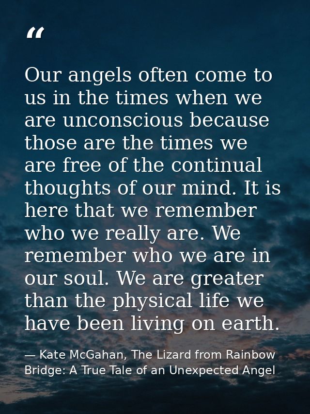 Our angels often come to us in the times when we are unconscious because those are the times we are free of the continua — Kate McGahan, The Lizard from Rainbow Bridge: A True Tale of an Unexpected Angel