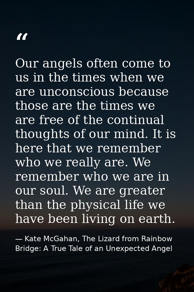 Our angels often come to us in the times when we are unconscious because those are the times we are free of the continua — Kate McGahan, The Lizard from Rainbow Bridge: A True Tale of an Unexpected Angel