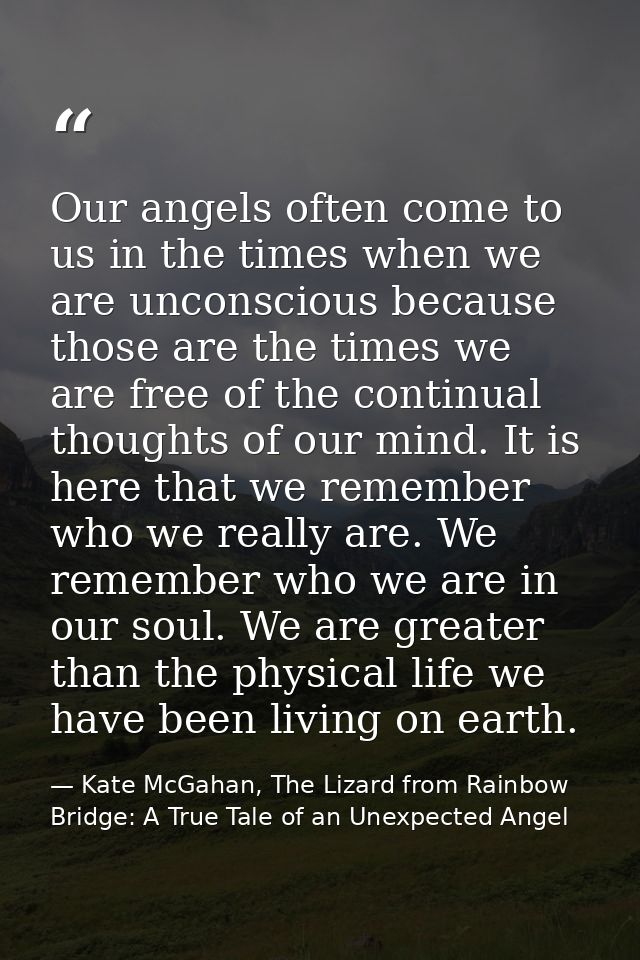 Our angels often come to us in the times when we are unconscious because those are the times we are free of the continua — Kate McGahan, The Lizard from Rainbow Bridge: A True Tale of an Unexpected Angel