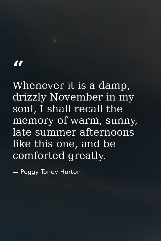 Whenever it is a damp, drizzly November in my soul, I shall recall the memory of warm, sunny, late summer afternoons lik — Peggy Toney Horton