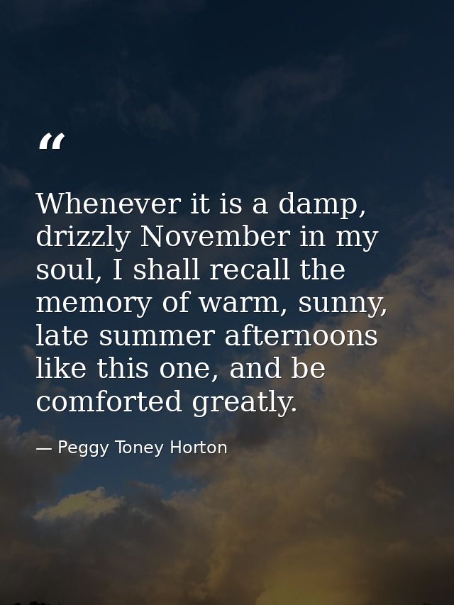 Whenever it is a damp, drizzly November in my soul, I shall recall the memory of warm, sunny, late summer afternoons lik — Peggy Toney Horton