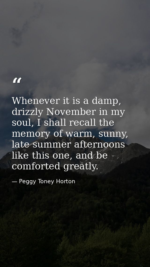 Whenever it is a damp, drizzly November in my soul, I shall recall the memory of warm, sunny, late summer afternoons lik — Peggy Toney Horton