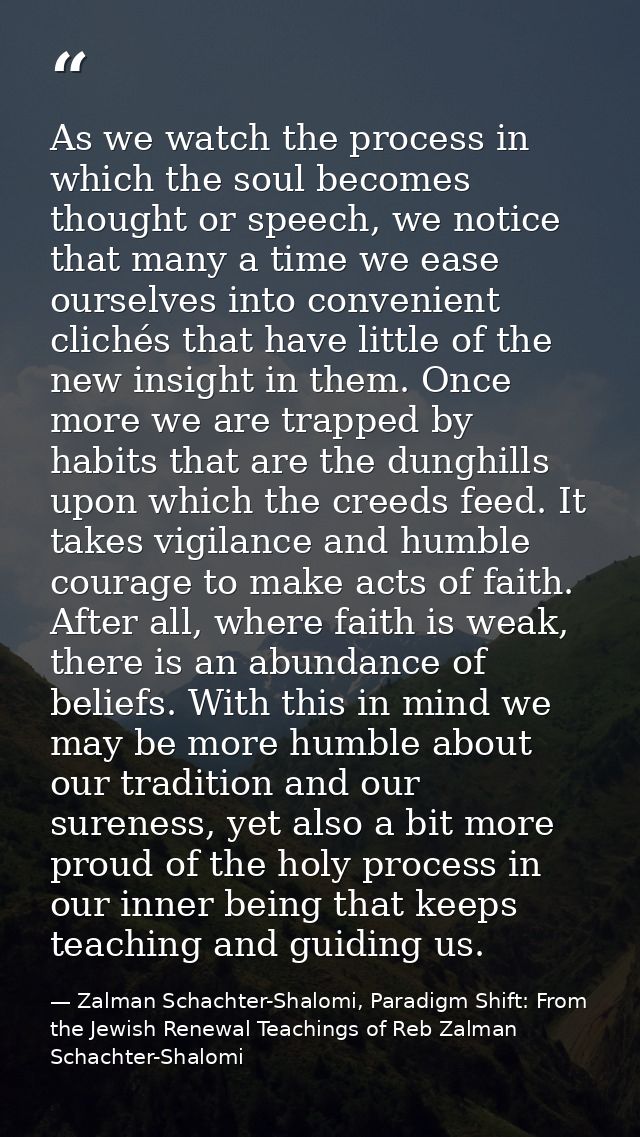 As we watch the process in which the soul becomes thought or speech, we notice that many a time we ease ourselves into c — Zalman Schachter-Shalomi, Paradigm Shift: From the Jewish Renewal Teachings of Reb Zalman Schachter-Shalomi