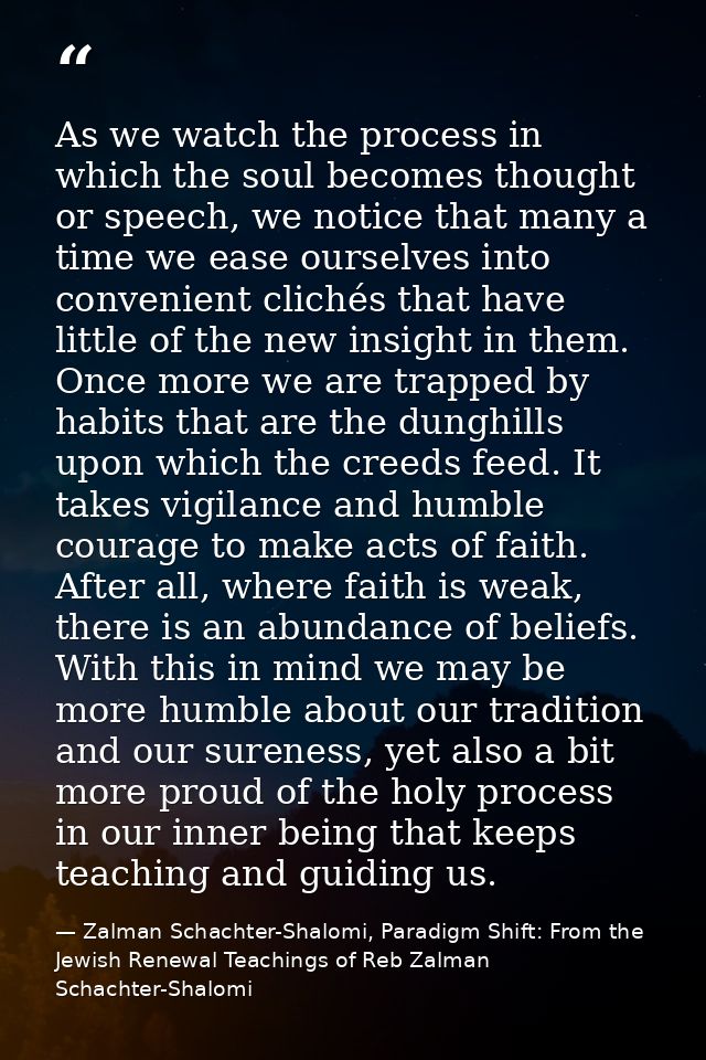 As we watch the process in which the soul becomes thought or speech, we notice that many a time we ease ourselves into c — Zalman Schachter-Shalomi, Paradigm Shift: From the Jewish Renewal Teachings of Reb Zalman Schachter-Shalomi
