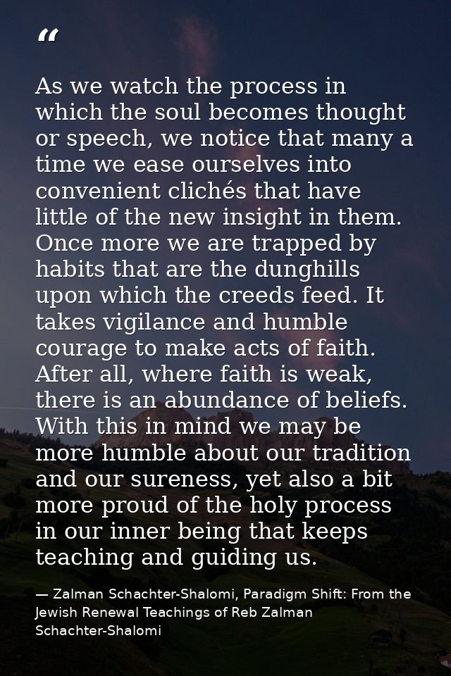As we watch the process in which the soul becomes thought or speech, we notice that many a time we ease ourselves into c — Zalman Schachter-Shalomi, Paradigm Shift: From the Jewish Renewal Teachings of Reb Zalman Schachter-Shalomi