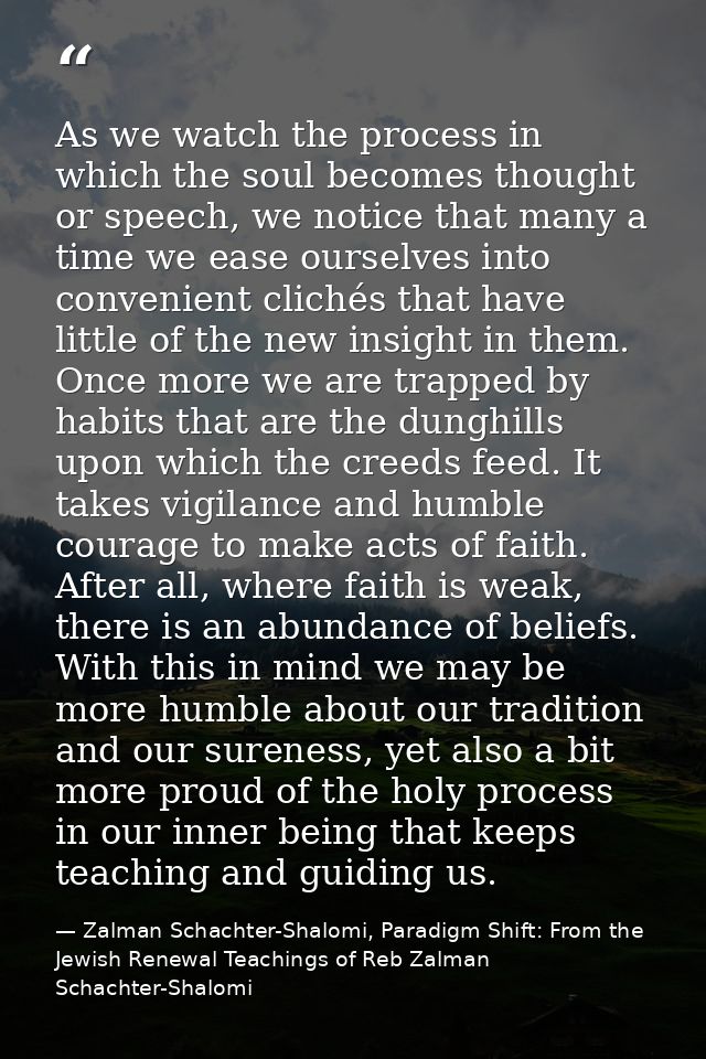 As we watch the process in which the soul becomes thought or speech, we notice that many a time we ease ourselves into c — Zalman Schachter-Shalomi, Paradigm Shift: From the Jewish Renewal Teachings of Reb Zalman Schachter-Shalomi