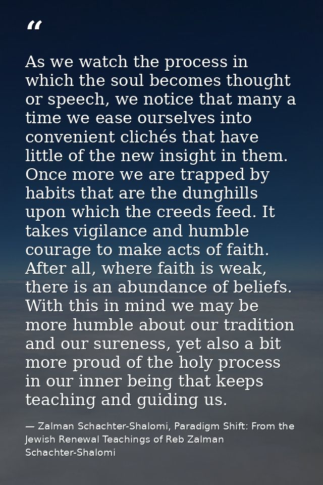 As we watch the process in which the soul becomes thought or speech, we notice that many a time we ease ourselves into c — Zalman Schachter-Shalomi, Paradigm Shift: From the Jewish Renewal Teachings of Reb Zalman Schachter-Shalomi