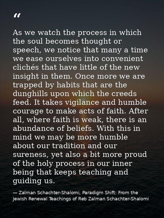 As we watch the process in which the soul becomes thought or speech, we notice that many a time we ease ourselves into c — Zalman Schachter-Shalomi, Paradigm Shift: From the Jewish Renewal Teachings of Reb Zalman Schachter-Shalomi