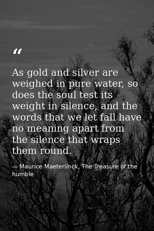 As gold and silver are weighed in pure water, so does the soul test its weight in silence, and the words that we let fal — Maurice Maeterlinck, The Treasure of the humble