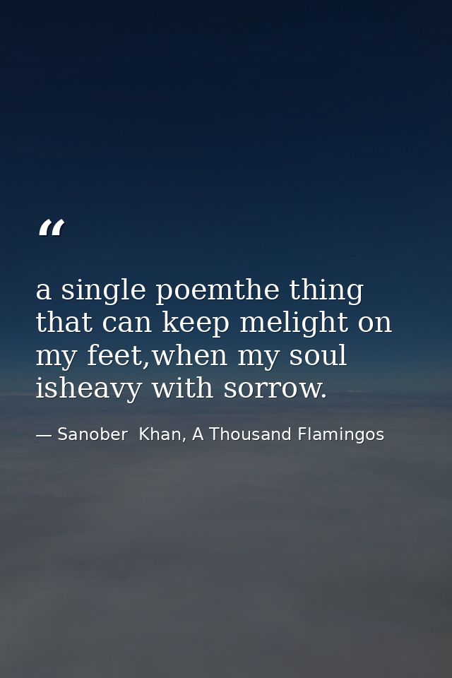 a single poemthe thing that can keep melight on my feet,when my soul isheavy with sorrow. — Sanober  Khan, A Thousand Flamingos