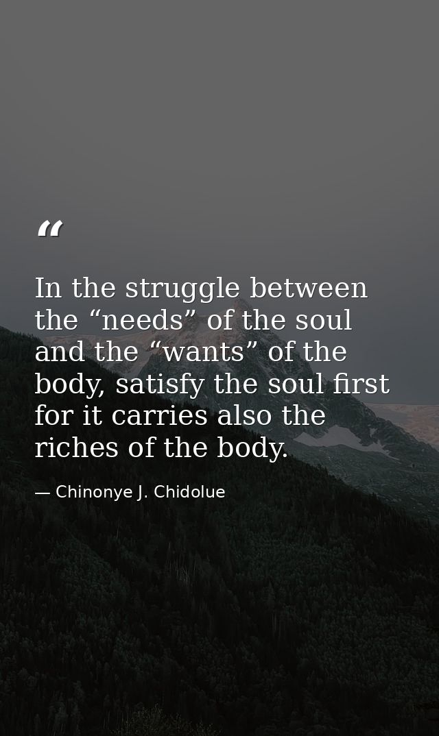 In the struggle between the “needs” of the soul and the “wants” of the body, satisfy the soul first for it carries also  — Chinonye J. Chidolue