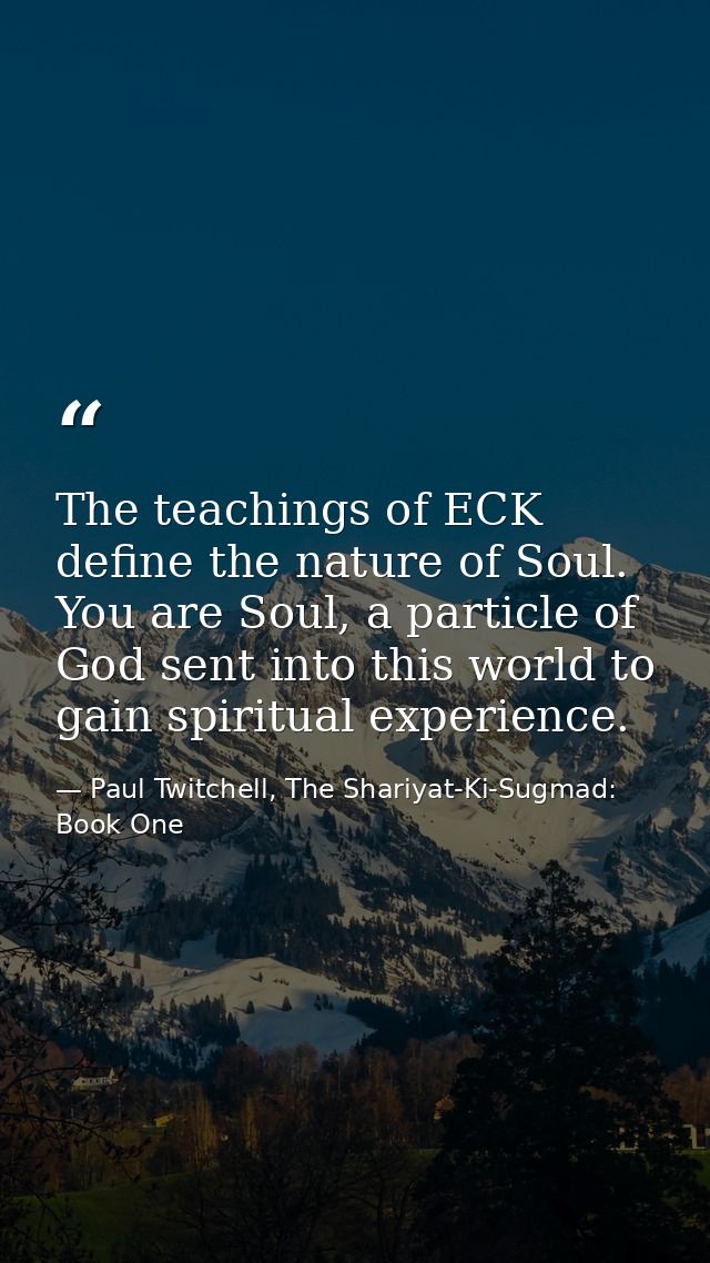 The teachings of ECK define the nature of Soul. You are Soul, a particle of God sent into this world to gain spiritual e — Paul Twitchell, The Shariyat-Ki-Sugmad: Book One