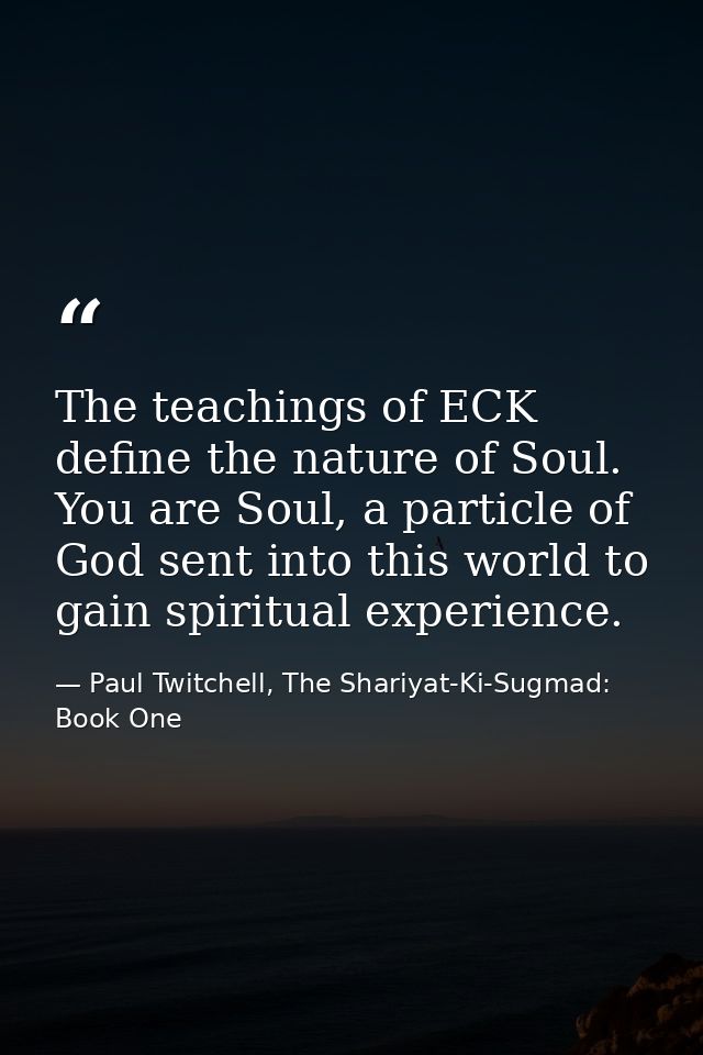 The teachings of ECK define the nature of Soul. You are Soul, a particle of God sent into this world to gain spiritual e — Paul Twitchell, The Shariyat-Ki-Sugmad: Book One
