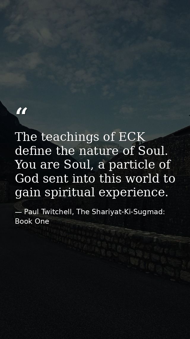 The teachings of ECK define the nature of Soul. You are Soul, a particle of God sent into this world to gain spiritual e — Paul Twitchell, The Shariyat-Ki-Sugmad: Book One