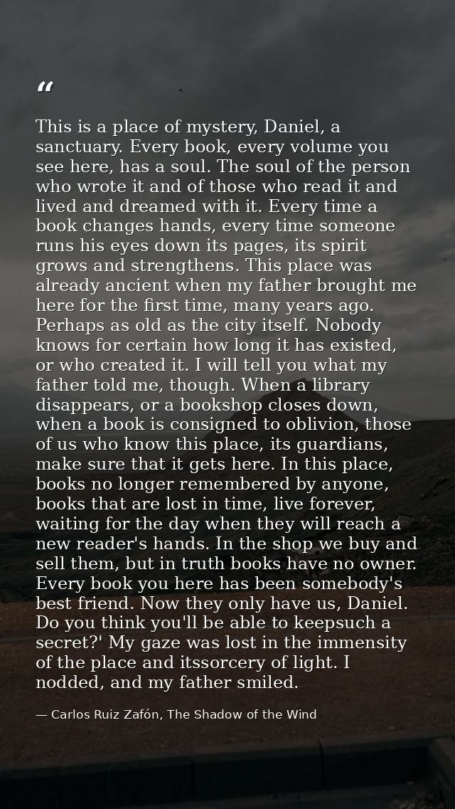 This is a place of mystery, Daniel, a sanctuary. Every book, every volume you see here, has a soul. The soul of the pers — Carlos Ruiz Zafón, The Shadow of the Wind