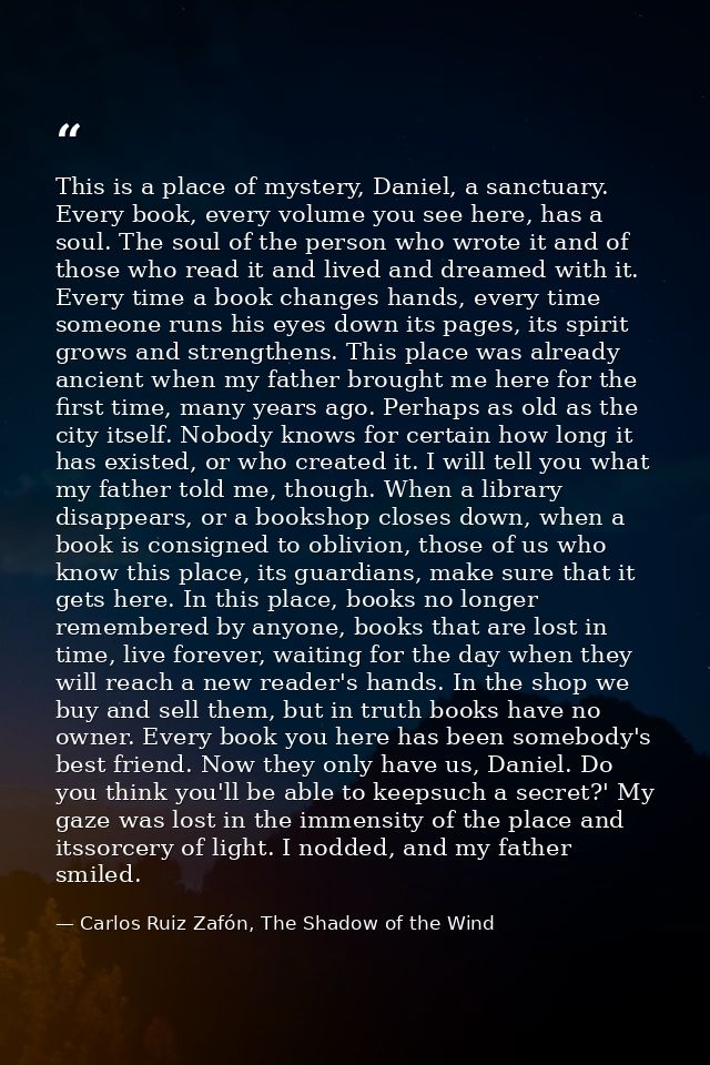 This is a place of mystery, Daniel, a sanctuary. Every book, every volume you see here, has a soul. The soul of the pers — Carlos Ruiz Zafón, The Shadow of the Wind