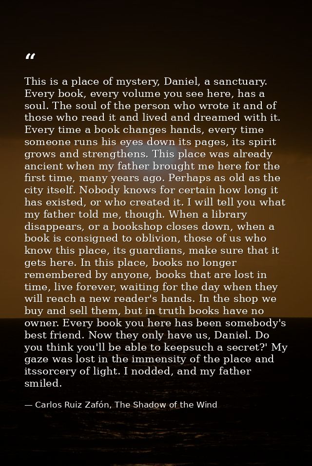 This is a place of mystery, Daniel, a sanctuary. Every book, every volume you see here, has a soul. The soul of the pers — Carlos Ruiz Zafón, The Shadow of the Wind