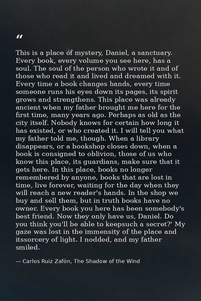 This is a place of mystery, Daniel, a sanctuary. Every book, every volume you see here, has a soul. The soul of the pers — Carlos Ruiz Zafón, The Shadow of the Wind