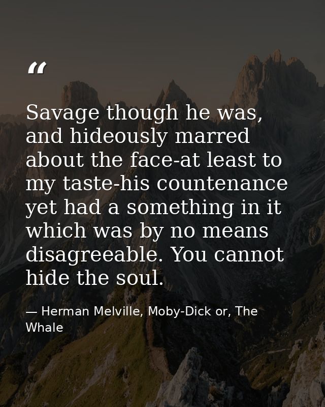 Savage though he was, and hideously marred about the face-at least to my taste-his countenance yet had a something in it — Herman Melville, Moby-Dick or, The Whale