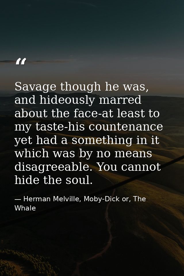 Savage though he was, and hideously marred about the face-at least to my taste-his countenance yet had a something in it — Herman Melville, Moby-Dick or, The Whale