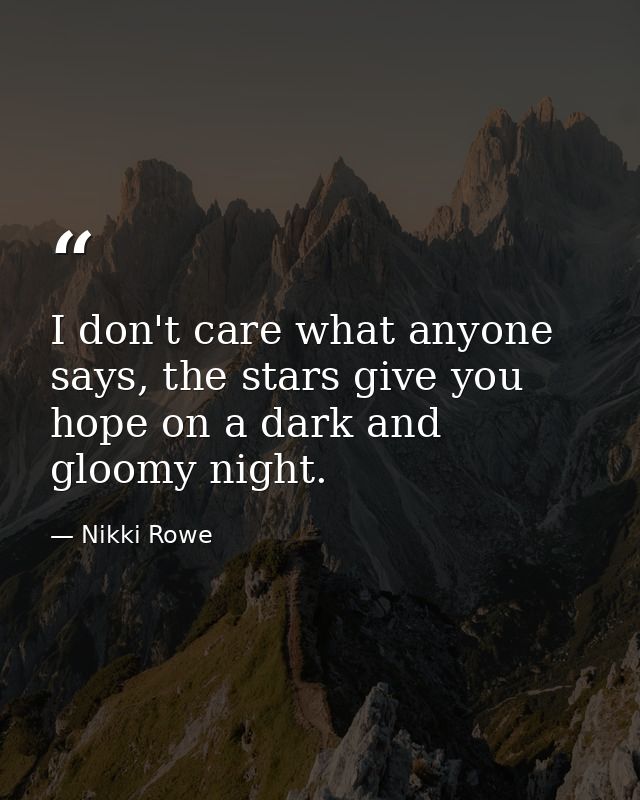 I don't care what anyone says, the stars give you hope on a dark and gloomy night. — Nikki Rowe