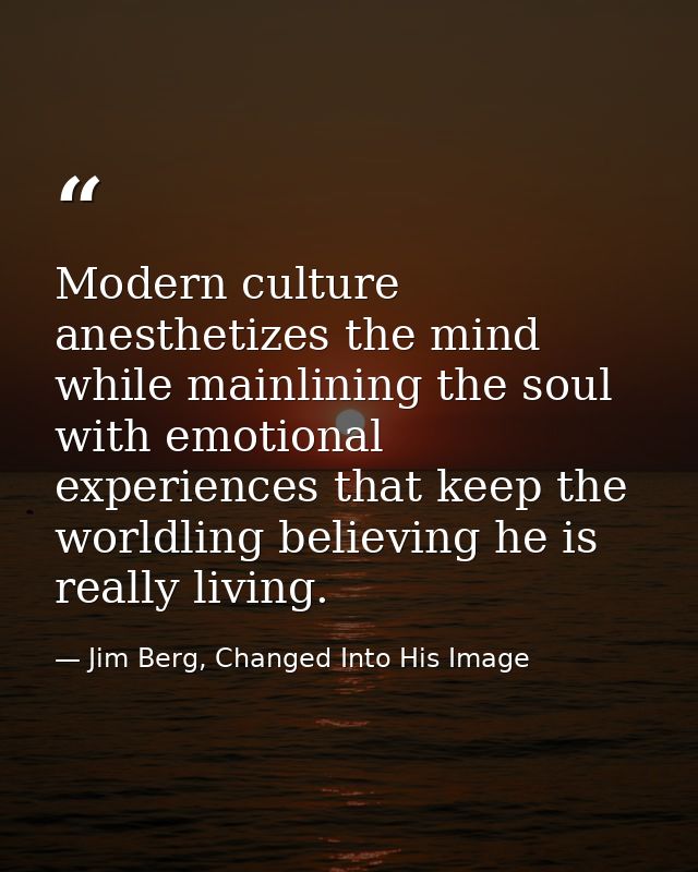 Modern culture anesthetizes the mind while mainlining the soul with emotional experiences that keep the worldling believ — Jim Berg, Changed Into His Image