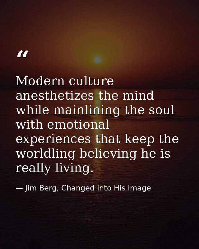 Modern culture anesthetizes the mind while mainlining the soul with emotional experiences that keep the worldling believ — Jim Berg, Changed Into His Image