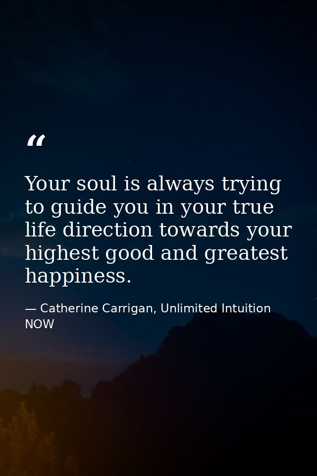 Your soul is always trying to guide you in your true life direction towards your highest good and greatest happiness. — Catherine Carrigan, Unlimited Intuition NOW