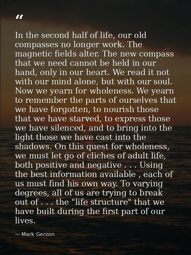 In the second half of life, our old compasses no longer work. The magnetic fields alter. The new compass that we need ca — Mark Gerzon