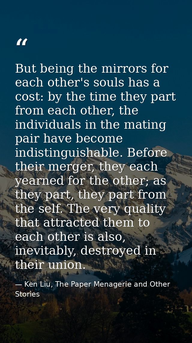 But being the mirrors for each other's souls has a cost: by the time they part from each other, the individuals in the m — Ken Liu, The Paper Menagerie and Other Stories