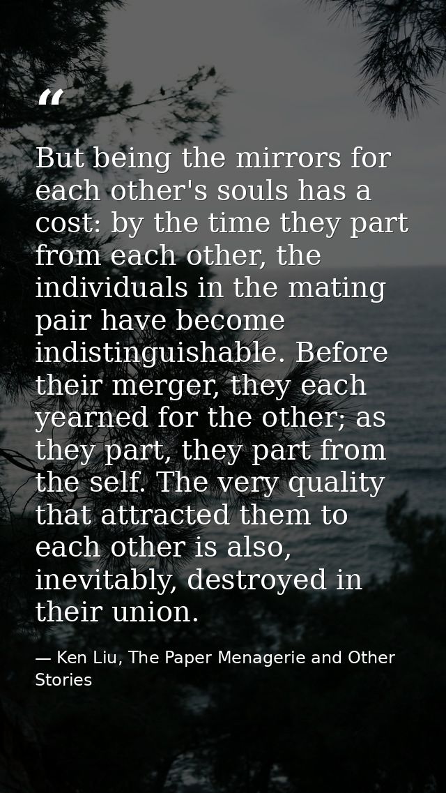 But being the mirrors for each other's souls has a cost: by the time they part from each other, the individuals in the m — Ken Liu, The Paper Menagerie and Other Stories
