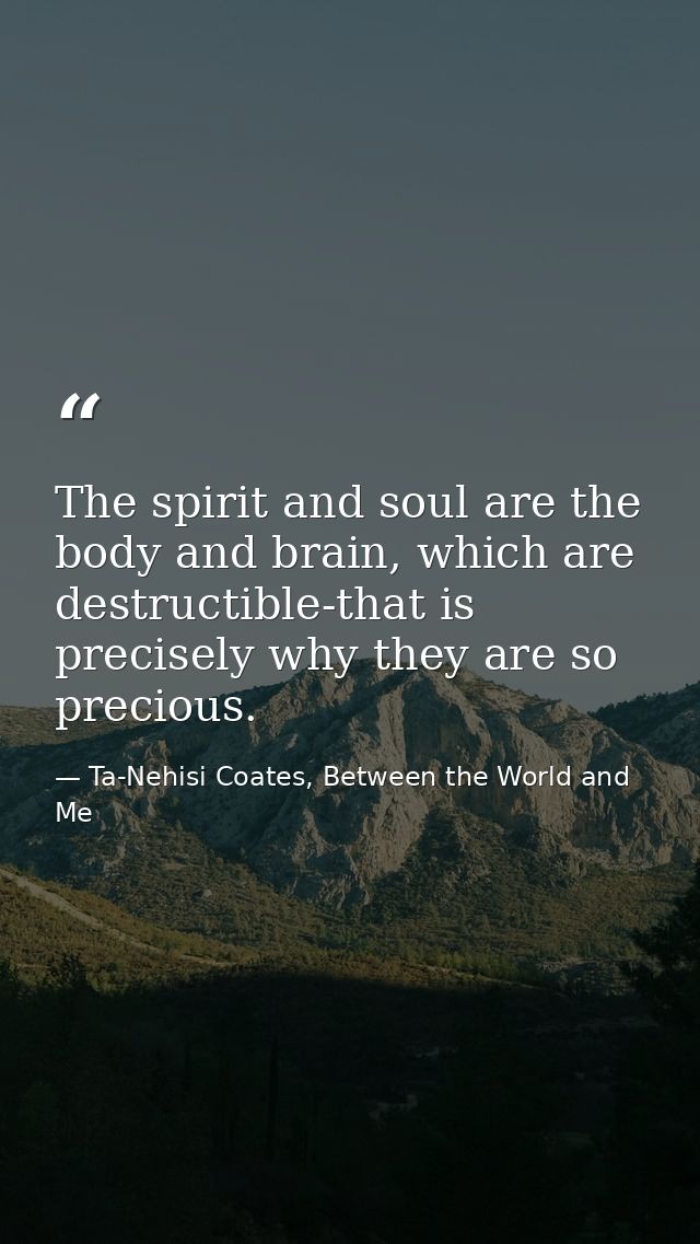 The spirit and soul are the body and brain, which are destructible-that is precisely why they are so precious. — Ta-Nehisi Coates, Between the World and Me