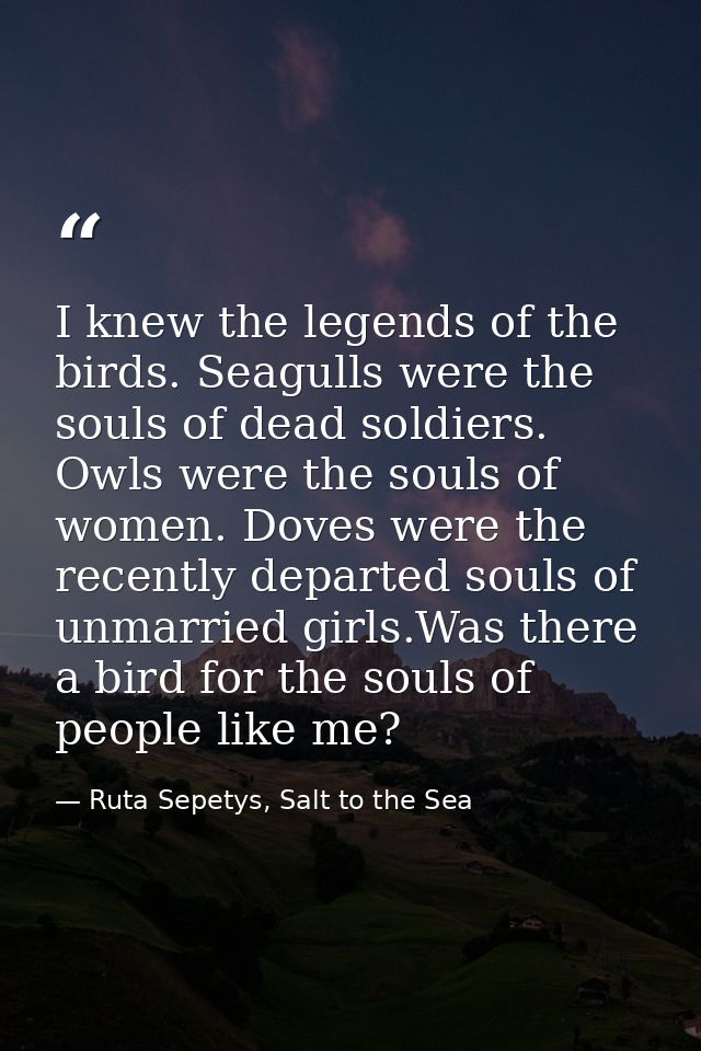I knew the legends of the birds. Seagulls were the souls of dead soldiers. Owls were the souls of women. Doves were the  — Ruta Sepetys, Salt to the Sea