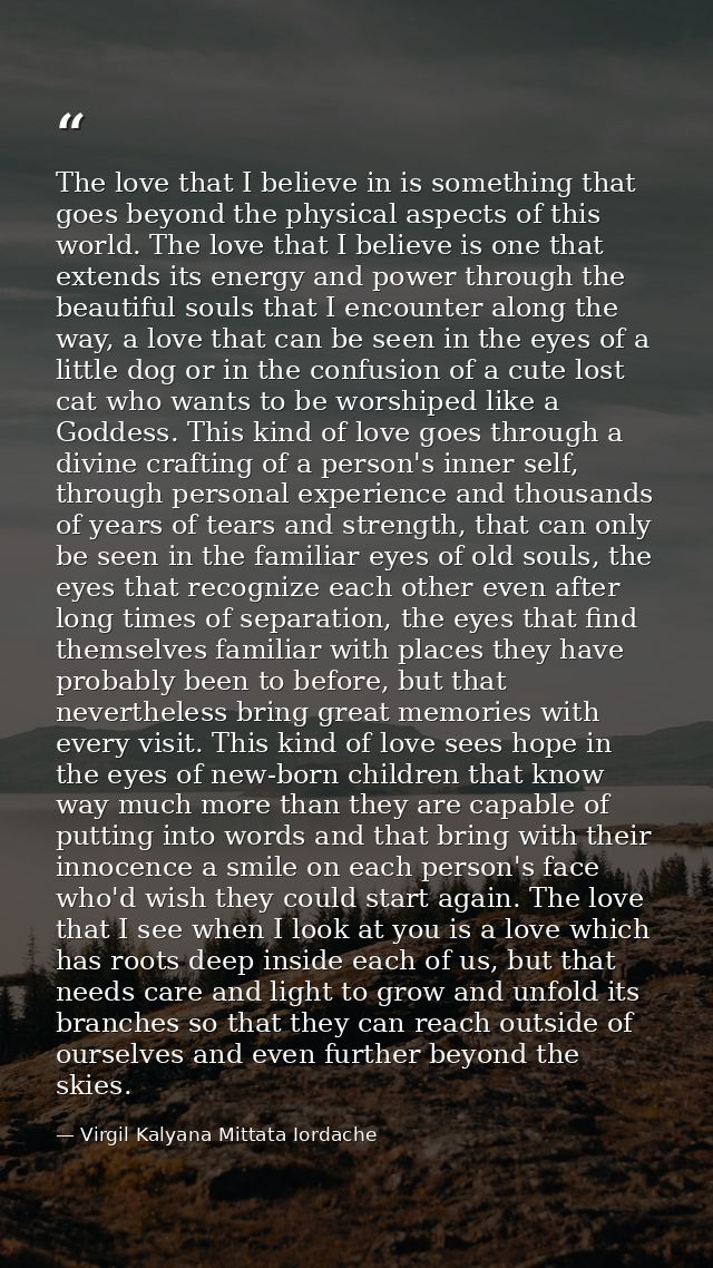 The love that I believe in is something that goes beyond the physical aspects of this world. The love that I believe is  — Virgil Kalyana Mittata Iordache