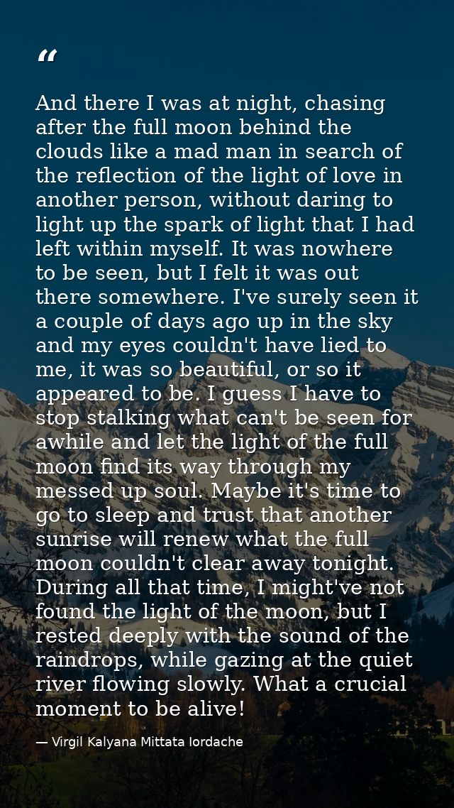 And there I was at night, chasing after the full moon behind the clouds like a mad man in search of the reflection of th — Virgil Kalyana Mittata Iordache