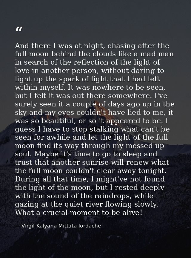 And there I was at night, chasing after the full moon behind the clouds like a mad man in search of the reflection of th — Virgil Kalyana Mittata Iordache