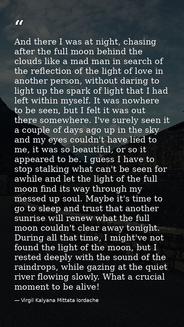And there I was at night, chasing after the full moon behind the clouds like a mad man in search of the reflection of th — Virgil Kalyana Mittata Iordache