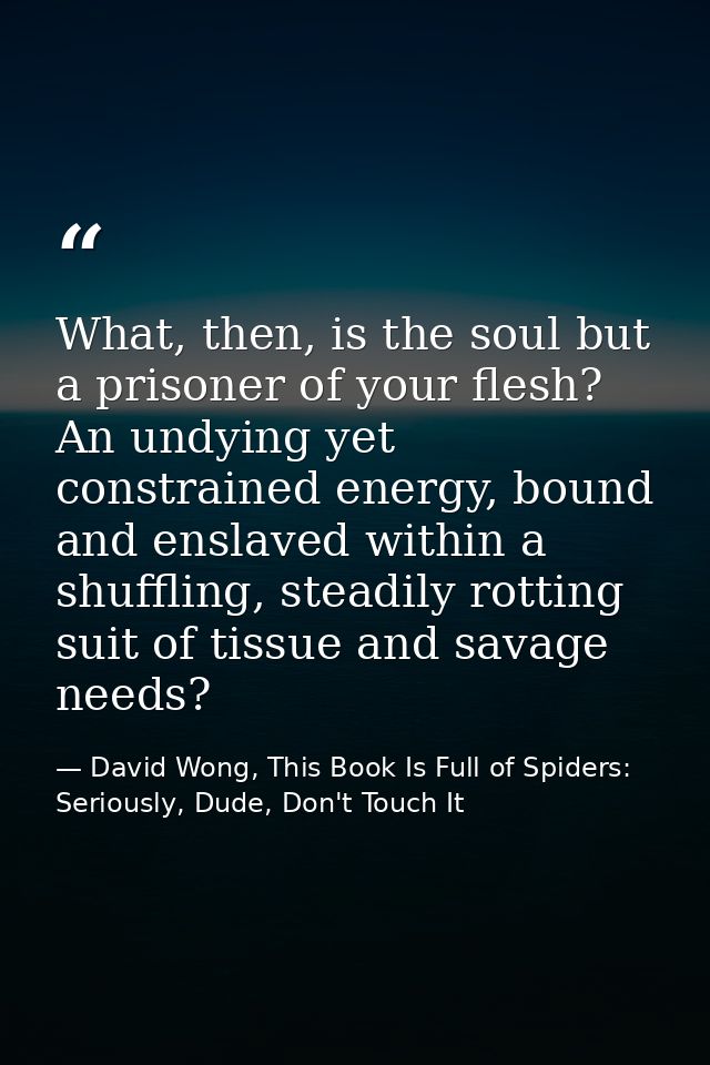 What, then, is the soul but a prisoner of your flesh? An undying yet constrained energy, bound and enslaved within a shu — David Wong, This Book Is Full of Spiders: Seriously, Dude, Don't Touch It
