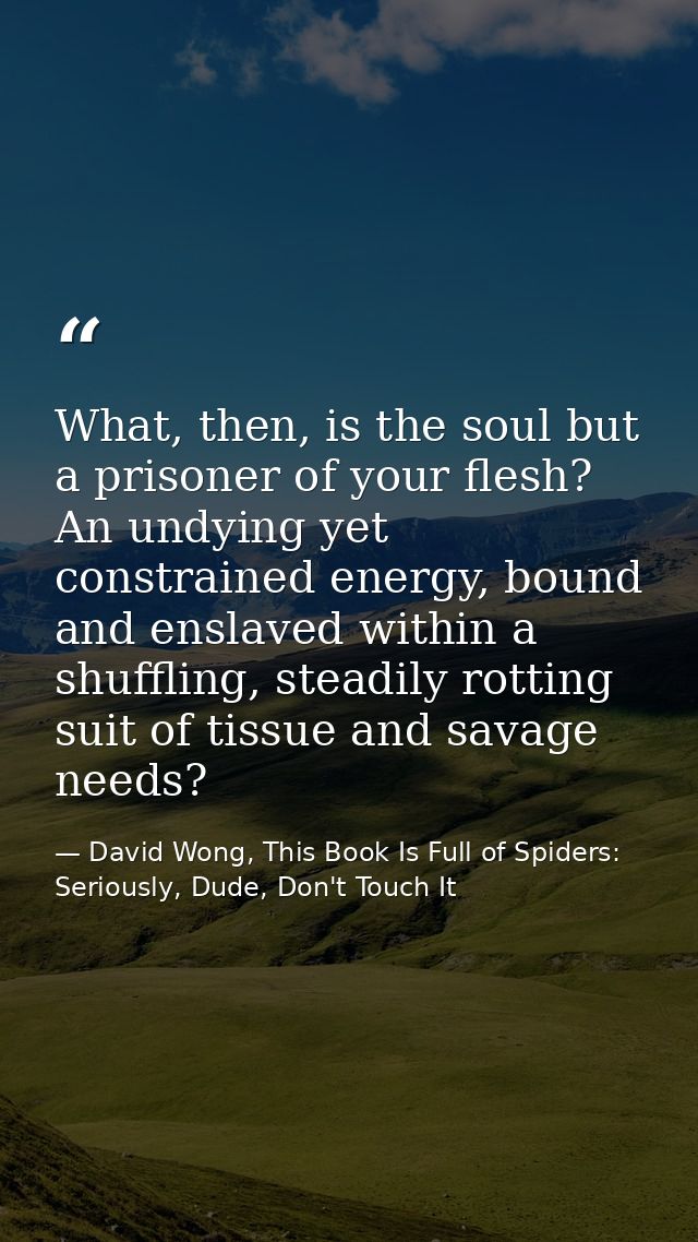 What, then, is the soul but a prisoner of your flesh? An undying yet constrained energy, bound and enslaved within a shu — David Wong, This Book Is Full of Spiders: Seriously, Dude, Don't Touch It