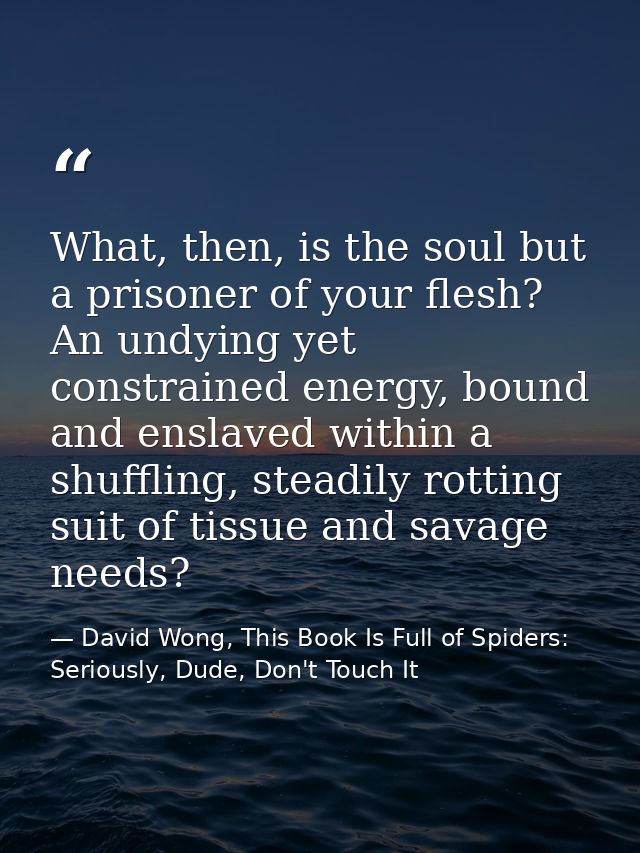 What, then, is the soul but a prisoner of your flesh? An undying yet constrained energy, bound and enslaved within a shu — David Wong, This Book Is Full of Spiders: Seriously, Dude, Don't Touch It