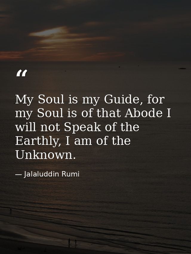 My Soul is my Guide, for my Soul is of that Abode I will not Speak of the Earthly, I am of the Unknown. — Jalaluddin Rumi