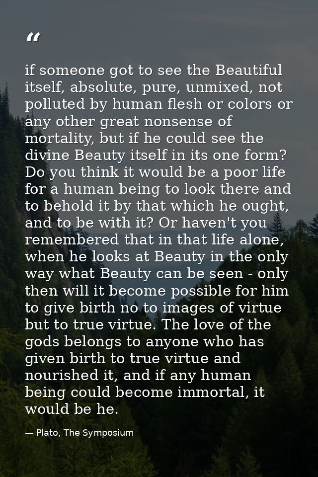 if someone got to see the Beautiful itself, absolute, pure, unmixed, not polluted by human flesh or colors or any other  — Plato, The Symposium