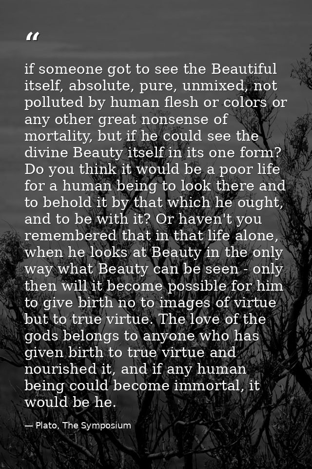 if someone got to see the Beautiful itself, absolute, pure, unmixed, not polluted by human flesh or colors or any other  — Plato, The Symposium