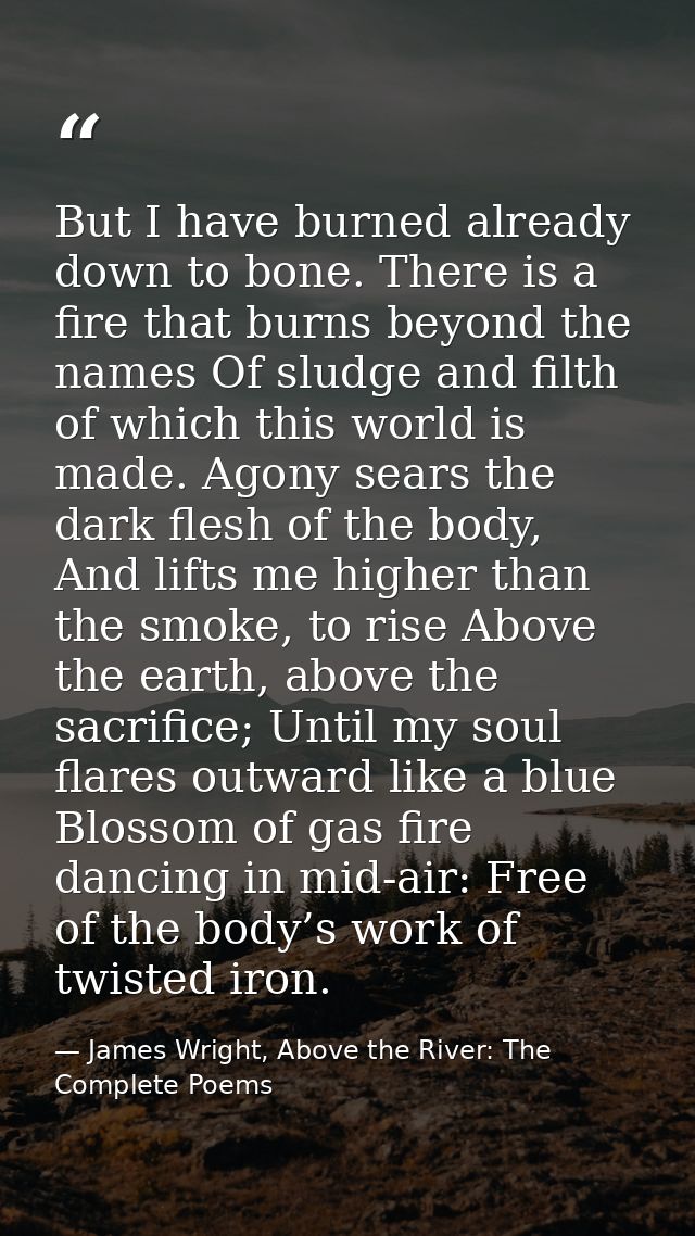But I have burned already down to bone. There is a fire that burns beyond the names Of sludge and filth of which this wo — James Wright, Above the River: The Complete Poems