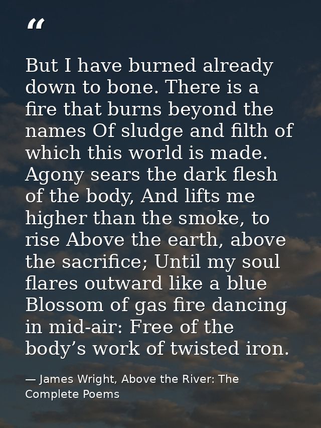 But I have burned already down to bone. There is a fire that burns beyond the names Of sludge and filth of which this wo — James Wright, Above the River: The Complete Poems